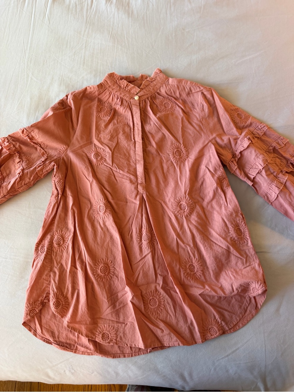 Isabella Sinclair Coral Ruffle-Neck Blouse with Flower embroidery